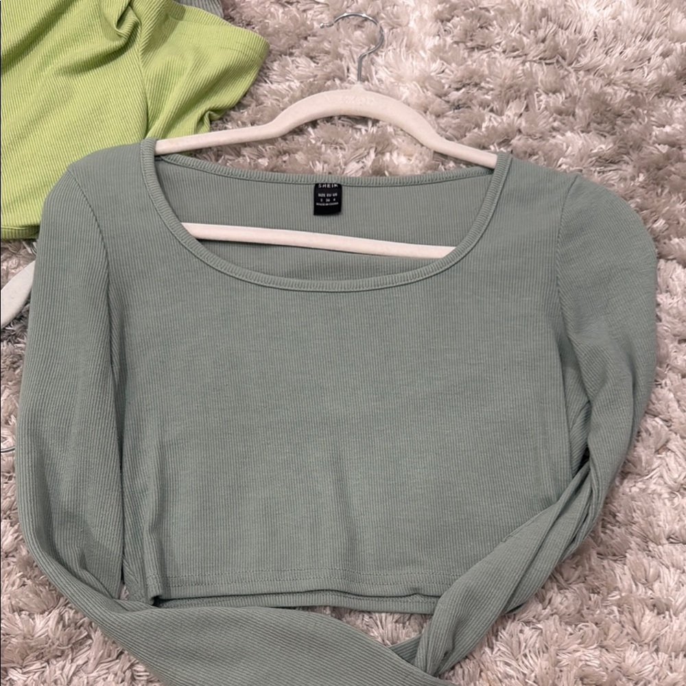 SHEIN Ribbed Scoop Neck Top - Sage Green